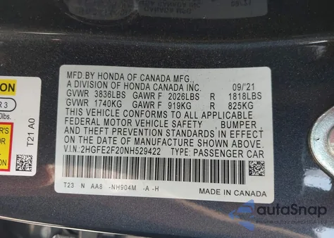 2022 Honda Civic Lx z USA, uszkodzony, nr VIN 2HGFE2F20NH529422